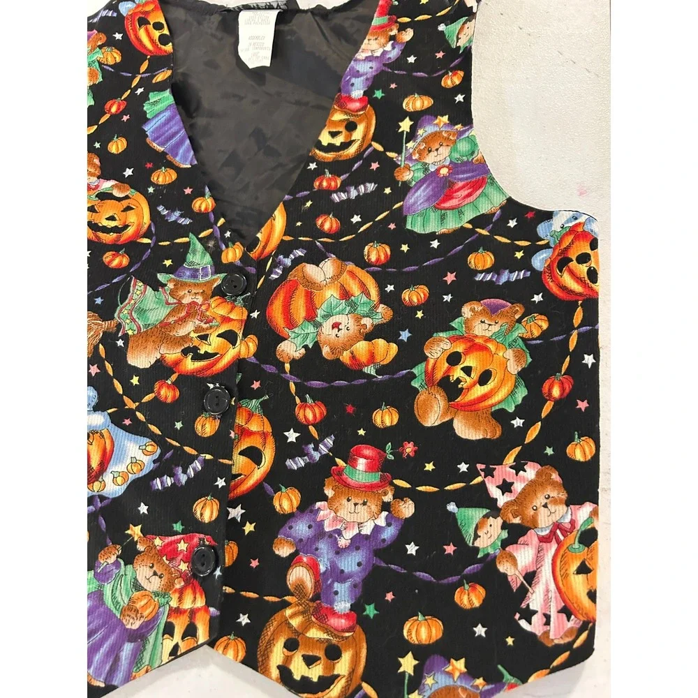Vintage Halloween Vest Kids Large Black Corduroy Bear Pumpkin Retro Fall